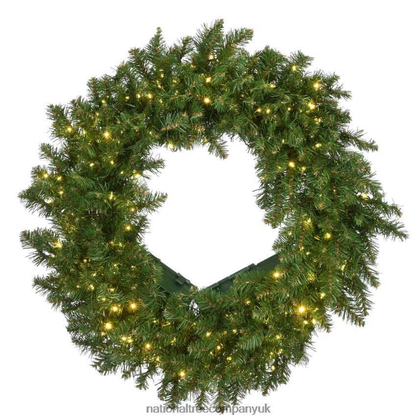 Greenery | National Tree Company Pre-Lit Artificial Christmas Wreath Green Kingswood Fir White Lights Christmas Collection 24 Inches F2L4F284